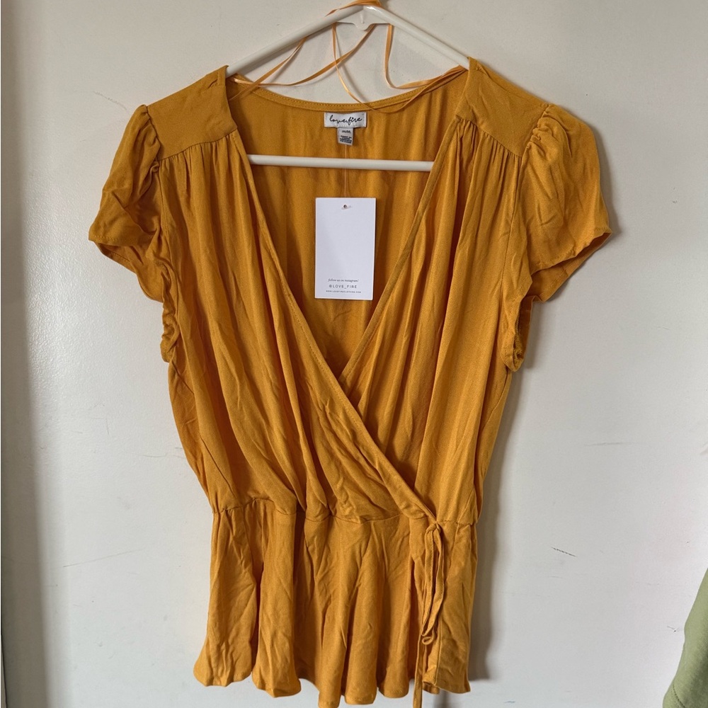 Yellow Peplum Blouse Top Wrap Style Tie In Front M NWT